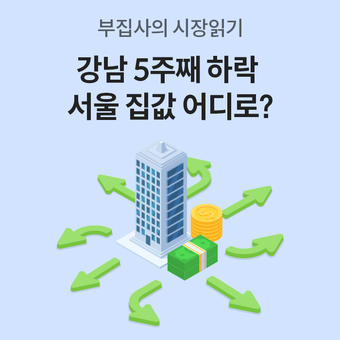 '부집사의 시장읽기'라는 제목 아래 '강남 5주째 하락, 서울 집값 어디로?'라는 문구가 적혀 있습니다. 중심에는 빌딩과 지폐, 동전 더미가 있고 사방으로 뻗어 나가는 초록색 화살표가 그려진 일러스트가 포함된 이미지입니다.