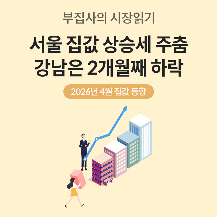 '2026년 4월 집값 동향 리포트 표지'다. 서울 집값 상승세가 주춤한 가운데 '강남 지역은 2개월째 하락하고 있다는 주요 소식을 인물 일러스트와 함께 전달'한다.