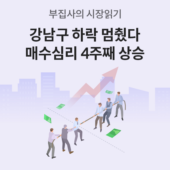 '부집사의 시장읽기'라는 타이틀 아래 '강남구 하락 멈췄다, 매수심리 4주째 상승'이라는 문구가 적혀 있다. 하단에는 두 그룹의 사람들이 줄다리기를 하며 팽팽하게 대립하는 일러스트가 그려져 있다.