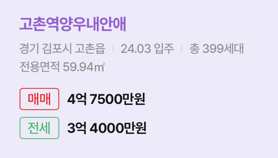 '경기 김포시 고촌읍 고촌역양우내안애에 대한 주소, 입주 날짜, 세대수, 사용면적과 매매/전세 금액'이 정리되어 있다.
