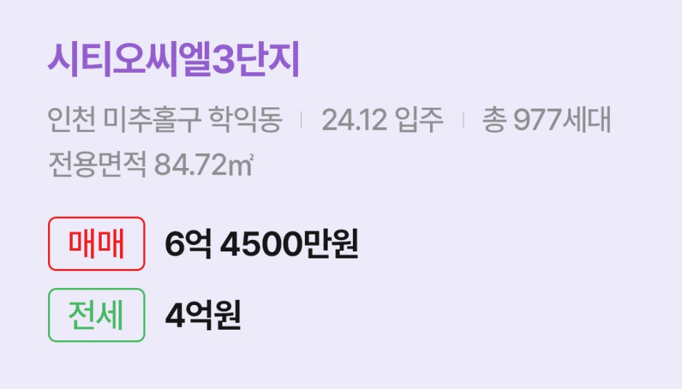 '인천 미추홀구 학익동 시티오씨엘3단지에 대한 주소, 입주 날짜, 세대수, 사용면적과 매매/전세 금액'이 정리되어 있다.