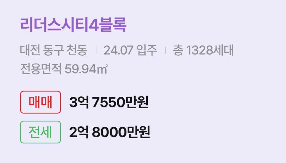 '대전 동구 천동 리더스시티4블록에 대한 주소, 입주 날짜, 세대수, 사용면적과 매매/전세 금액'이 정리되어 있다.