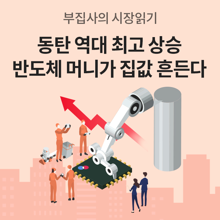 '부집사의 시장읽기'라는 제목 아래 '동탄 역대 최고 상승, 반도체 머니가 집값 흔든다'라는 문구가 적혀 있다. 배경에는 반도체 칩을 다루는 로봇 팔과 주황색 작업복을 입은 사람들, 붉은색 상승 화살표 일러스트가 그려져 있다.