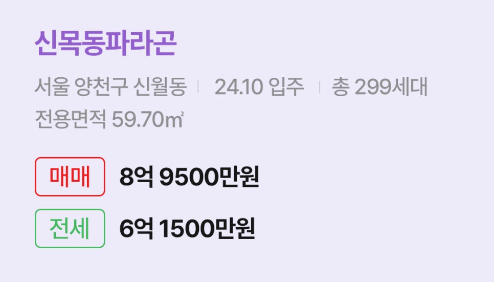 '양천구 신월동 신목동파라곤에 대한 주소, 입주 날짜, 세대수, 사용면적과 매매/전세 금액'이 정리되어 있다.