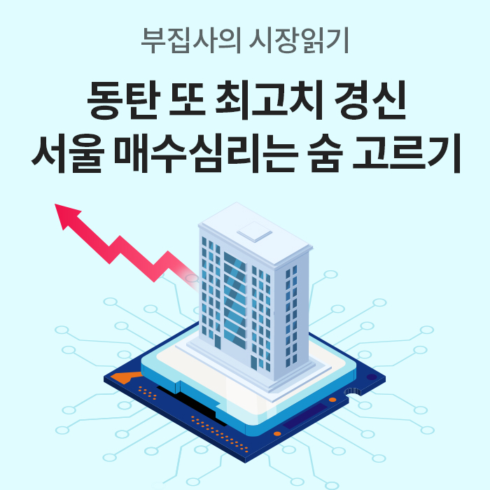 '부집사의 시장읽기'라는 제목 아래 '동탄 또 최고치 경신, 서울 매수심리는 숨 고르기'라는 문구가 적힌 이미지다. 푸른 회로 기판 위에 빌딩이 세워져 있고, 그 뒤로 붉은색 상승 화살표 그래프가 그려져 있다.