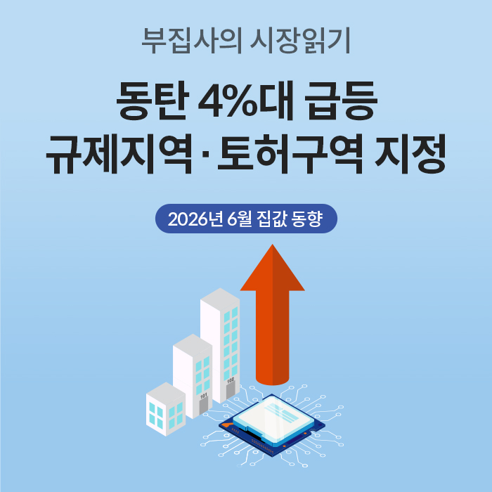 하늘색 배경에 '부집사의 시장읽기', '동탄 4%대 급등 규제지역·토허구역 지정', '2026년 6월 집값 동향'이라는 문구가 적혀 있다. 하단에는 빌딩, 반도체 칩, 붉은색 상승 화살표 일러스트가 배치되어 있다.