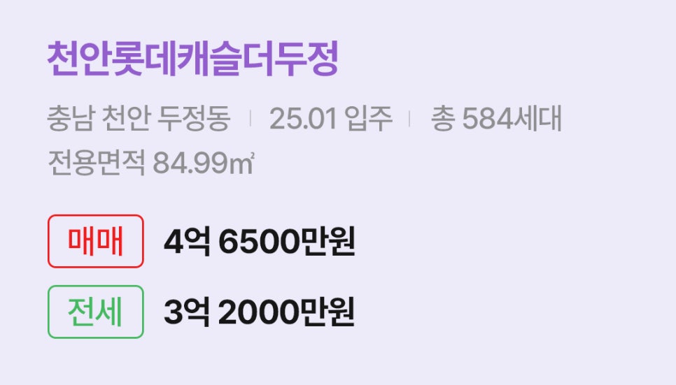 '천안 두정동 천안롯데캐슬더두정에 대한 주소, 입주 날짜, 세대수, 사용면적과 매매/전세 금액'이 정리되어 있다.