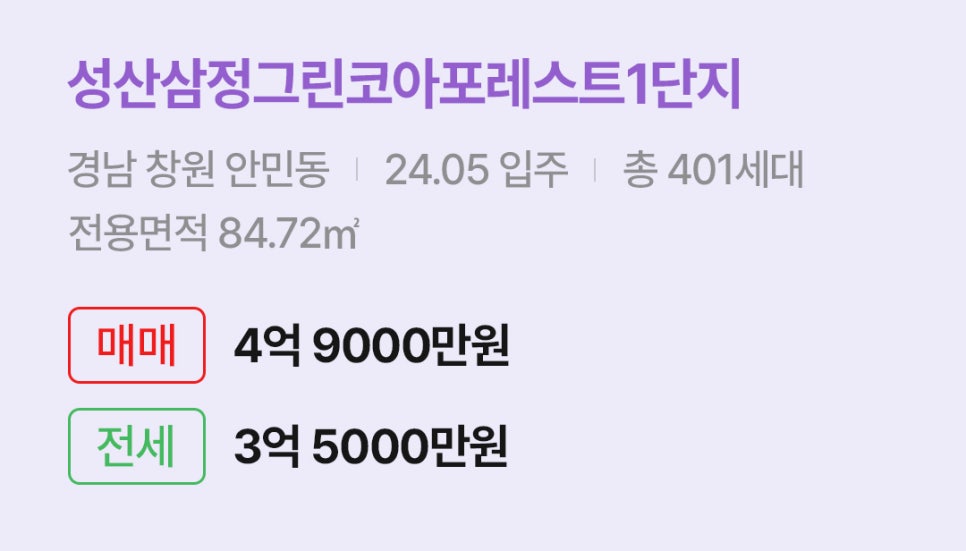 '창원 안민동 성산삼정그린코아포레스트1단지에 대한 주소, 입주 날짜, 세대수, 사용면적과 매매/전세 금액'이 정리되어 있다.