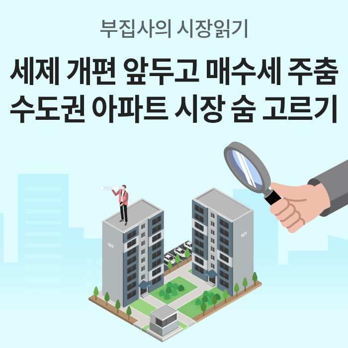 '세제 개편 앞두고 매수세 주춤, 수도권 아파트 시장 숨 고르기' 문구와 아파트 단지를 망원경 및 돋보기로 관찰하는 일러스트가 그려진 썸네일 이미지다.