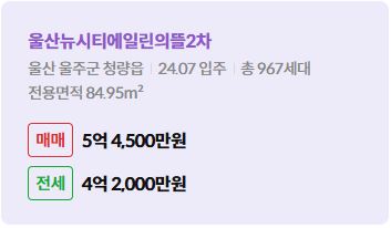 '울주군 청량읍 울산뉴시티에일린의뜰2차에 대한 주소, 입주 날짜, 세대수, 사용면적과 매매/전세 금액'이 정리되어 있다.