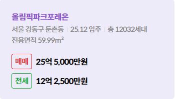 '강동구 둔촌동 올림픽파크포레온에 대한 주소, 입주 날짜, 세대수, 사용면적과 매매/전세 금액'이 정리되어 있다.