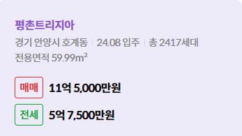'안양시 호계동 평촌트리지아에 대한 주소, 입주 날짜, 세대수, 사용면적과 매매/전세 금액'이 정리되어 있다.