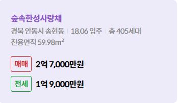 '안동시 송현동 숲속한성사랑채에 대한 주소, 입주 날짜, 세대수, 사용면적과 매매/전세 금액'이 정리되어 있다.