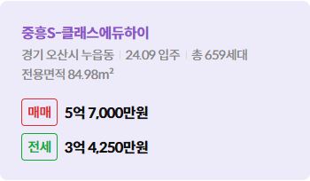 '오산시 누읍동 중흥S-클래스에듀하이에 대한 주소, 입주 날짜, 세대수, 사용면적과 매매/전세 금액'이 정리되어 있다.