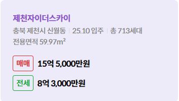 '제천시 신월동 제천자이더스카이에 대한 주소, 입주 날짜, 세대수, 사용면적과 매매/전세 금액'이 정리되어 있다.