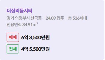 '의정부시 신곡동 더샵리듬시티에 대한 주소, 입주 날짜, 세대수, 사용면적과 매매/전세 금액'이 정리되어 있다.