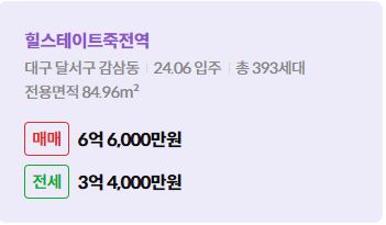 '달서구 감삼동 힐스테이트죽전역에 대한 주소, 입주 날짜, 세대수, 사용면적과 매매/전세 금액'이 정리되어 있다.