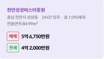 '천안시 성성동 천안성성비스타동원에 대한 주소, 입주 날짜, 세대수, 사용면적과 매매/전세 금액'이 정리되어 있다.