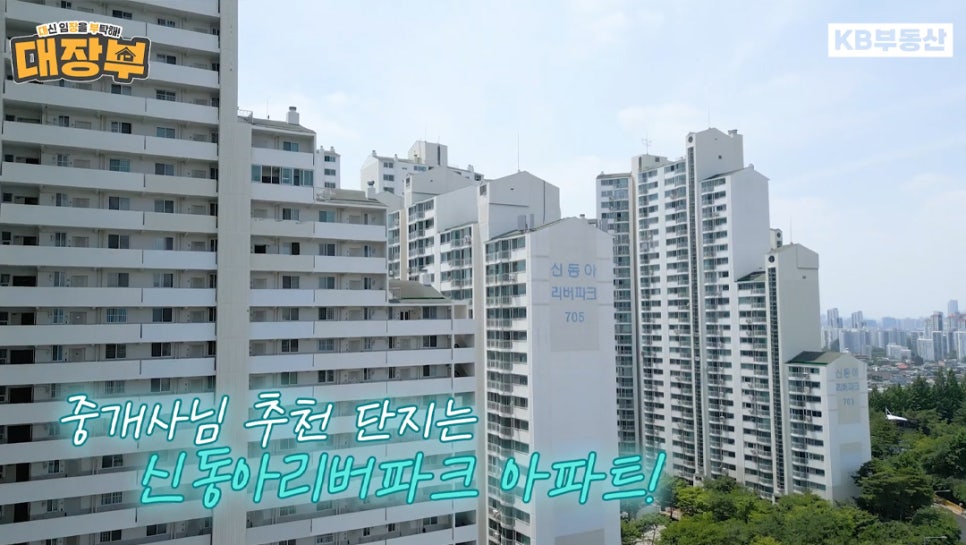 중개사님이 추천하는 단지는 '신동아리버파크' 아파트라는 문구와 신동아리버파크 전경을 보여주고 있다.