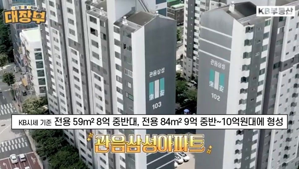 '관음삼성아파트' KB시세 기준 전용 59m² 8억 중반대, 전용 84m²  9억 중반~10억원대에 형성. 관음삼성아파트단지를 촬영한 사진이다.