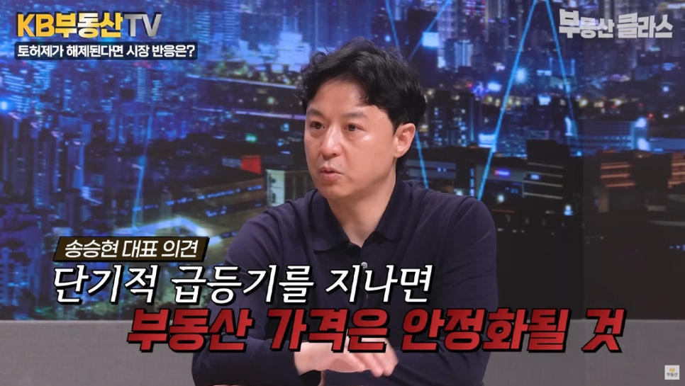 송승현 대표 의견. '단기적 급등기를 지나면 부동산 가격은 안정화될 것' 대기수요가 한꺼번에 분출될 수 있다 경고하는 송승현 대표의 모습이다.