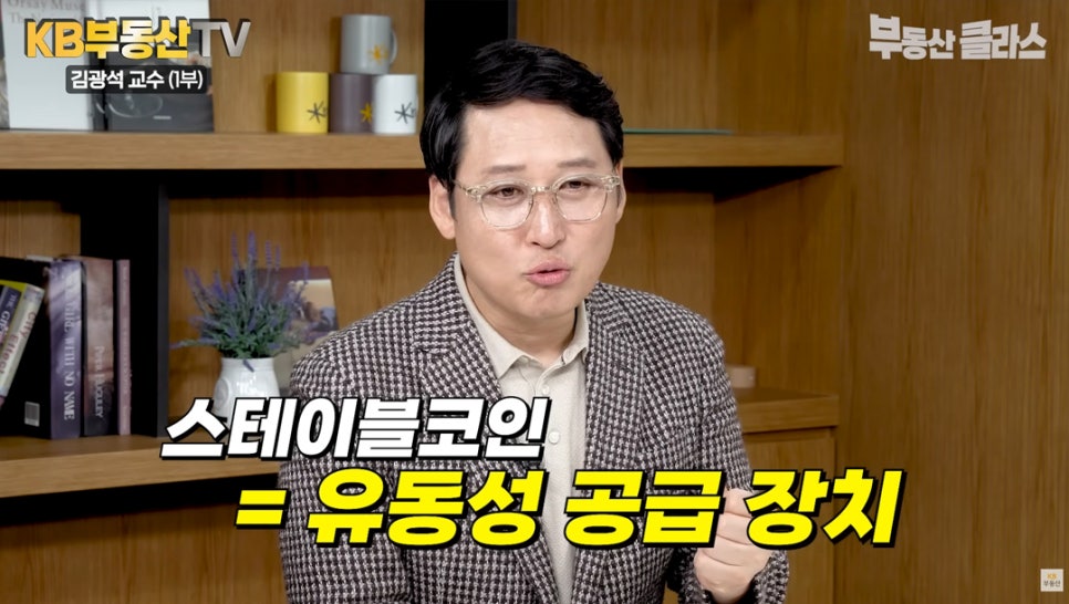 '스테이블코인'은 유동성 공급 장치의 개념임을 설명하는 김광석 교수의 모습이다.