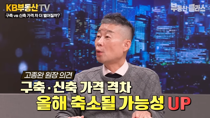 고종완 원장이 '구축'과 '신축'의 가격 격차는 올해 축소될 가능성이 높다라고 설명하는 모습입니다.