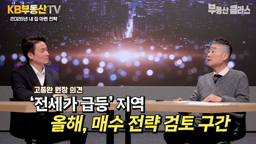 고종완 원장이 '전세가 급등' 지역이 올해, '매수 전략' 검토 구간이라고 설명하는 모습입니다.