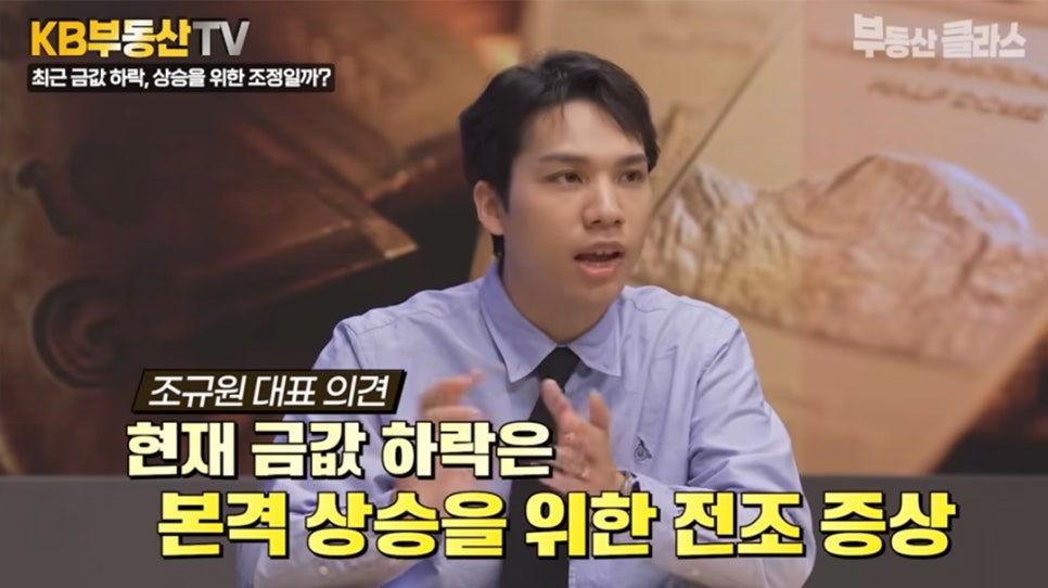 KB부동산 TV 화면 캡처. '조규원 대표가 "현재 금값 하락은 본격 상승을 위한 전조 증상"이라고 말하는 자막'이 강조되어 있습니다.