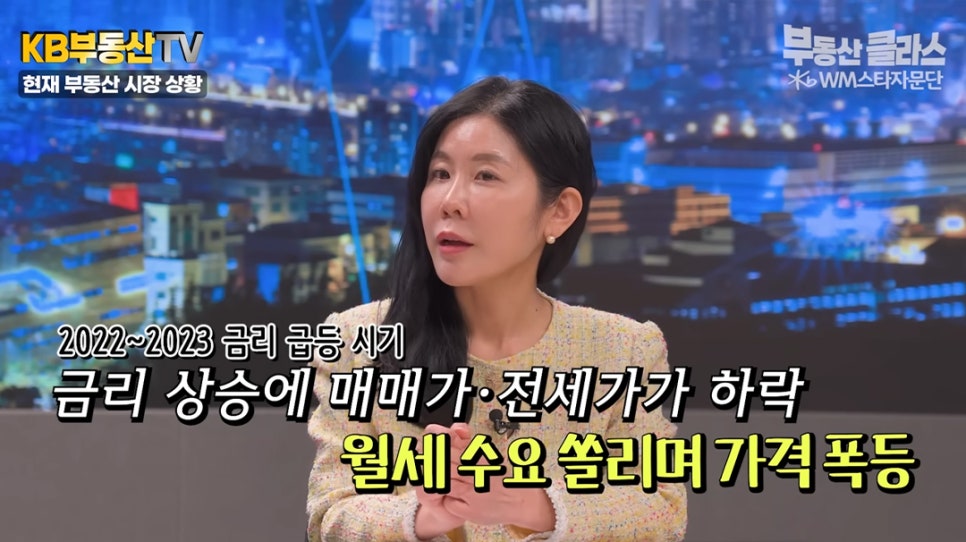 '부동산 전문가가 출연하여 현재 시장 상황을 분석하는 장면'이다. 2022년에서 2023년 사이 금리 급등으로 매매가와 전세가가 하락하고, 대신 '월세 수요가 몰리며 가격이 폭등했다는 분석 자막이 강조'되어 있다.