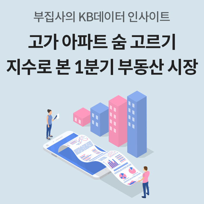 '부집사의 KB데이터 인사이트'라는 문구 아래 '고가 아파트 숨 고르기, 지수로 본 1분기 부동산 시장'이라는 제목이 적혀 있다. 스마트폰 화면 위로 입체적인 아파트 건물들과 각종 그래프가 담긴 긴 리포트 용지가 흘러나오고 남녀가 이를 살피는 일러스트가 그려져 있다.