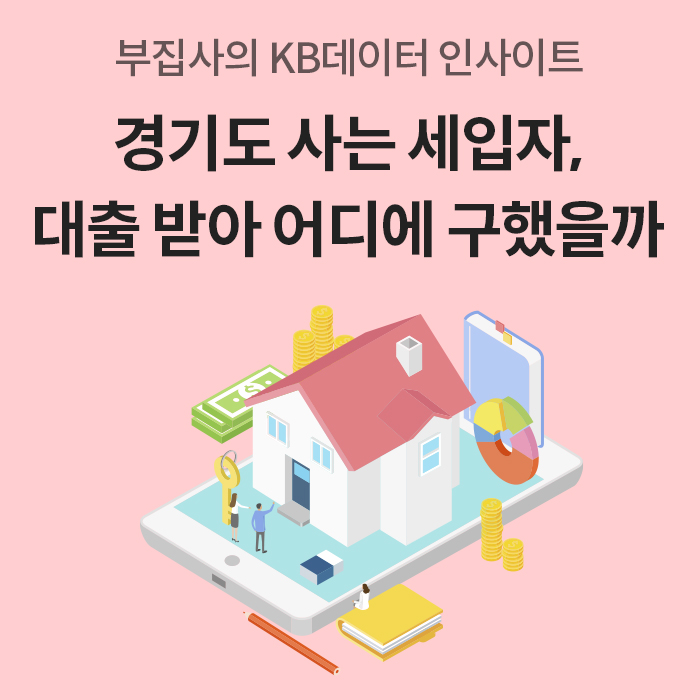 핑크색 배경에 '부집사의 KB데이터 인사이트'와 '경기도 사는 세입자, 대출 받아 어디에 구했을까'라는 문구가 적혀 있다. 스마트폰 위에 집, 돈, 그래프 아이콘이 입체적으로 배치된 일러스트가 포함되어 있다.