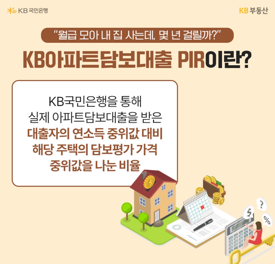 KB아파트담보대출 PIR의 정의를 설명하는 이미지로, 'KB국민은행에서 실제 대출을 받은 대출자의 연소득 중위값 대비 해당 주택의 담보평가 가격 중위값을 나눈 비율이라고 안내'한다.