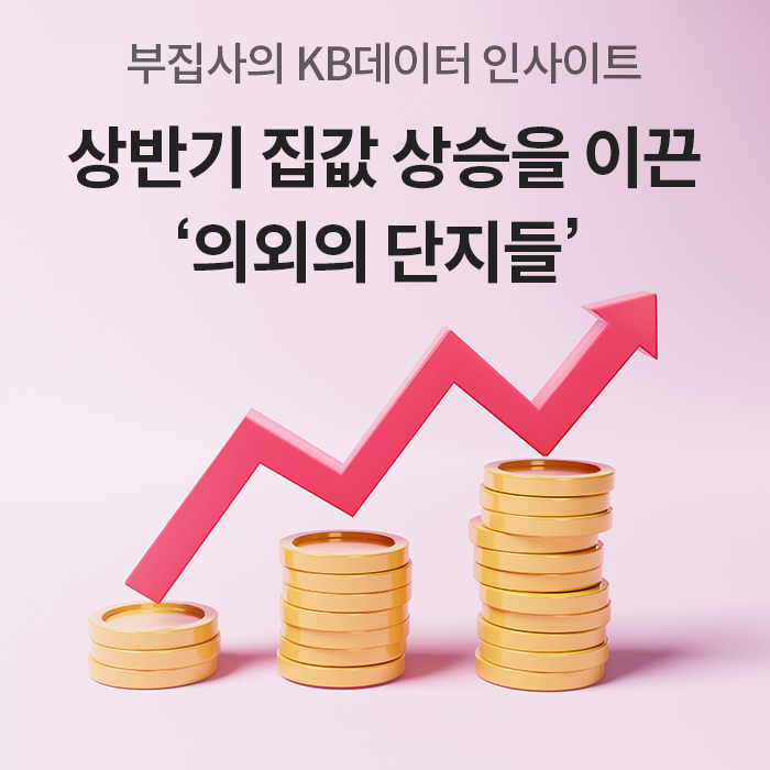 '분홍색 상승 화살표와 높이가 다른 금화 더미를 배치해 상반기 집값 상승을 이끈 의외의 아파트 단지를 소개'하는 'KB데이터 인사이트 콘텐츠' 대표 이미지다.