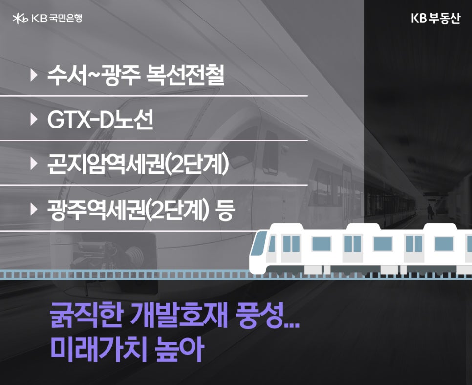 '경기도 광주'의 '개발호재'인 수서 광주간 복선전철, GTX-D 노선, 곤지암역세권, 광주역세권 등이 예정되어 있어 서울 생활권의 현실적 대안 중 하나로 볼 수 있다고 설명하고 있다. 