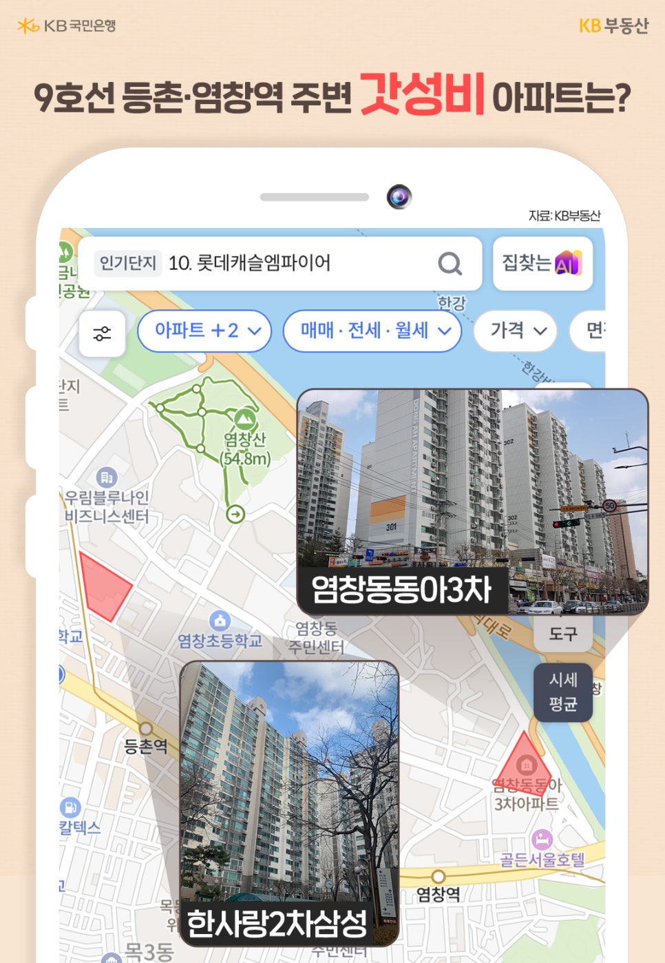 '9호선 등촌·염창역 주변 갓성비 아파트는?' 지도는 등촌역과 염창역 주변을 중심으로 염창동동아3차와 한사랑2차삼성 아파트의 위치를 표시하고 있으며, 두 아파트 단지의 실제 외관 사진이 지도 위에 오버레이되어 나타납니다. 주변에는 염창초등학교, 염창동주민센터, 염창산 등의 주요 시설이 확인된다.