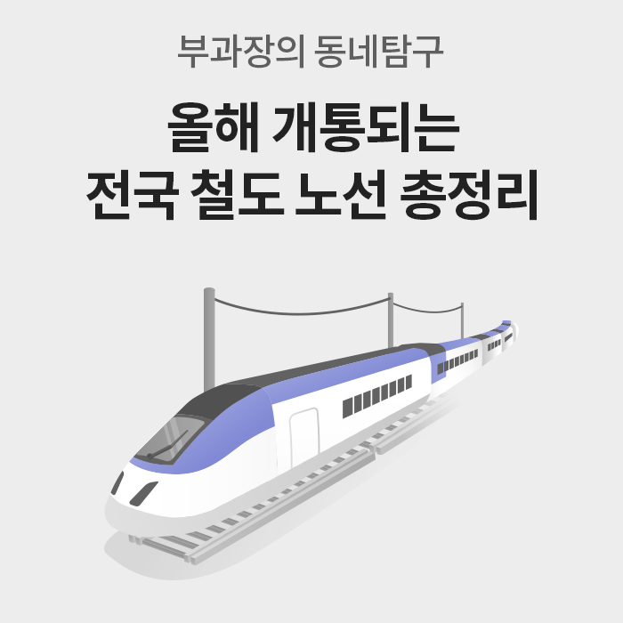 부과장의 동네탐구. 올해 개통되는 전국 '철도 노선' 총정리라는 제목과 GTX가 달리는 모습의 이미지가 위치해있습니다.