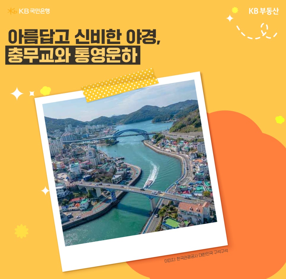 “아름답고 신비한 야경, 충무교와 통영운하” 제목과 함께 바다와 다리, 도심이 내려다보이는 항공 사진이 폴라로이드 액자 형태로 배치되어 있다.