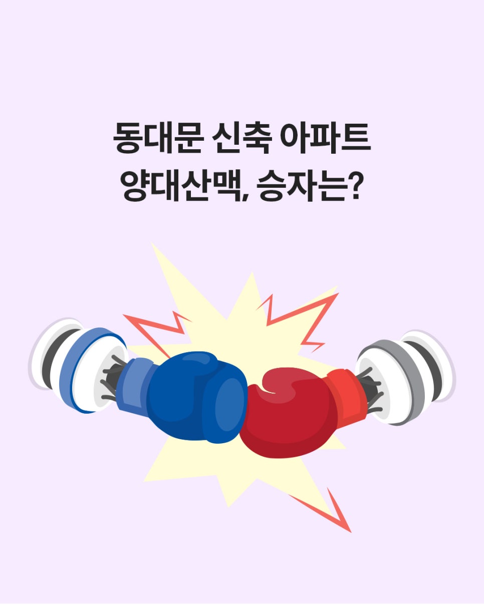연보라색 배경 중앙에 '동대문 신축 아파트 양대산맥, 승자는?'이라는 문구가 적혀 있다. 그 아래로 파란색과 빨간색 복싱 글러브가 서로 맞부딪치며 불꽃이 튀는 일러스트가 그려져 있어, '두 아파트 단지 간의 치열한 비교 분석을 예고'한다.