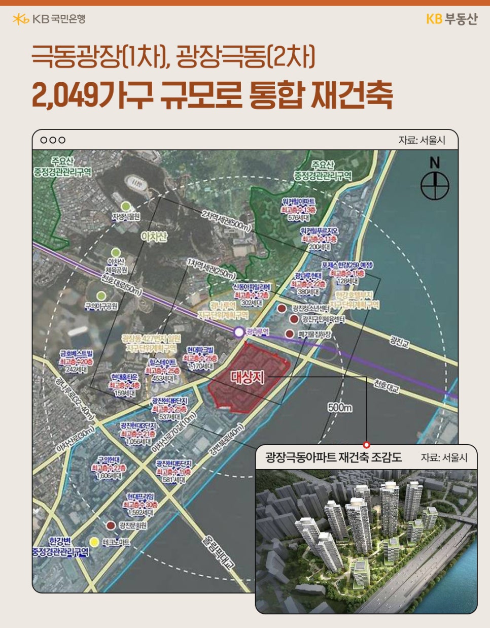 '극동광장 1차와 광장극동 2차의 통합 재건축 계획안을 보여주는 위치 지도와 미래 조감도가 포함'되어 있다.