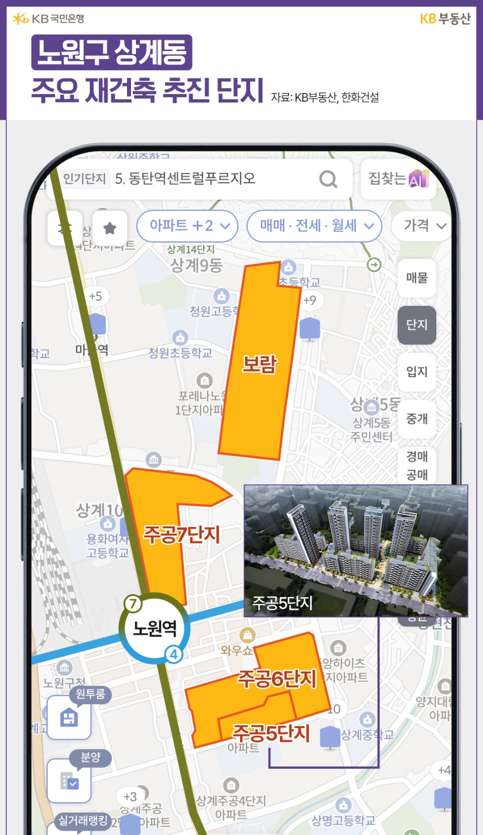 '노원구 상계동의 주요 재건축 추진 단지를 보여주는 모바일 지도 화면'이다. 지도 위에는 보람, 주공7단지, 주공6단지, 주공5단지 영역이 주황색으로 표시되어 있으며 주공5단지 조감도가 첨부되어 있다.