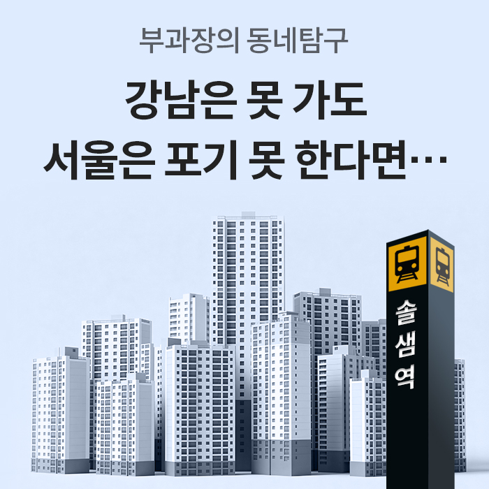'부과장의 동네탐구 강남은 못 가도 서울은 포기 못 한다면...'이라는 문구와 함께 고층 아파트 단지 일러스트와 솔샘역 역명판이 그려진 이미지다.