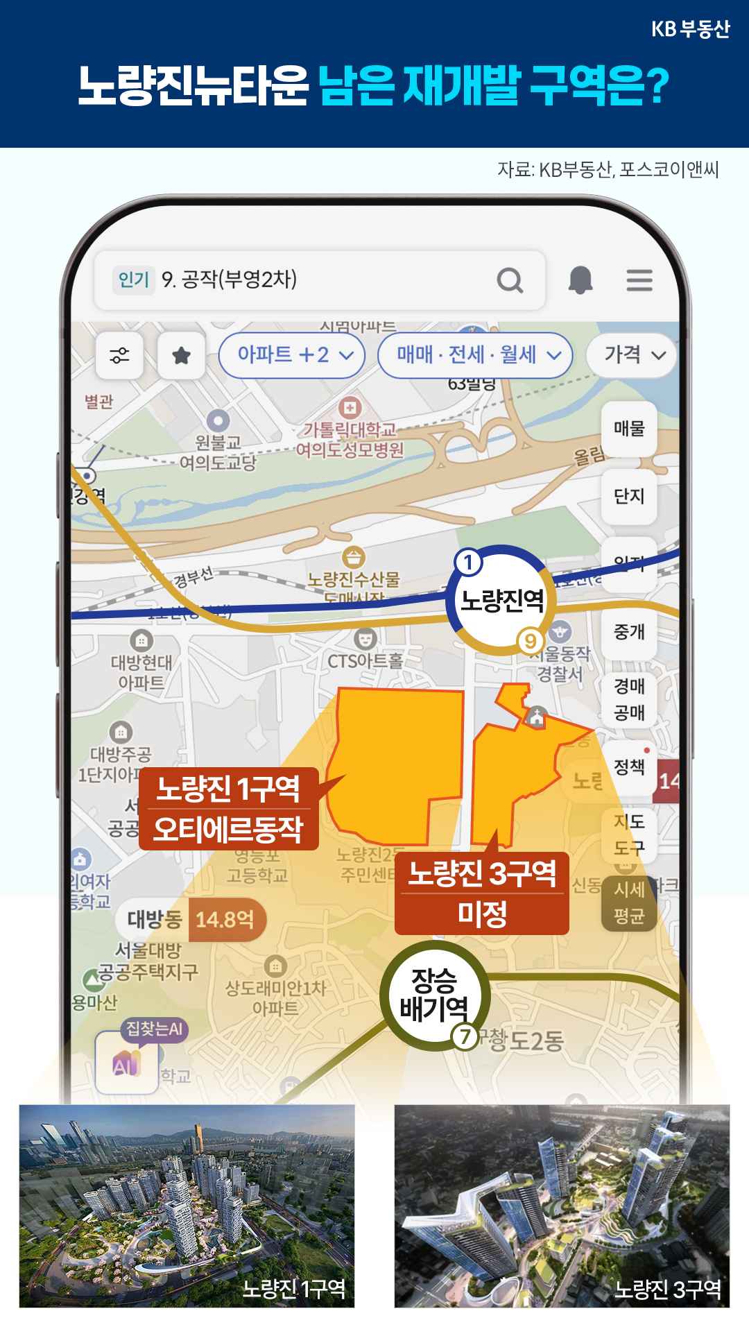 스마트폰 지도 화면에 '노량진뉴타운 남은 재개발 구역인 노량진 1구역 오티에르동작과 3구역의 위치 정보 및 각 구역의 예상 조감도가 하단에 함께 배치'된 이미지다.