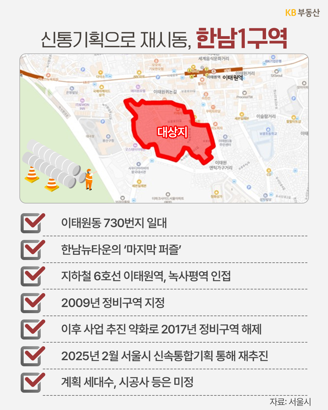 '한남1구역 위치 지도와 주요 경과를 담은 카드뉴스'다. 이태원동 730번지 일대로 한남뉴타운의 마지막 퍼즐이다. 6호선 이태원역과 녹사평역에 인접해 있으며, 서울시 신속통합기획을 통해 재개발 사업을 다시 추진하고 있다.