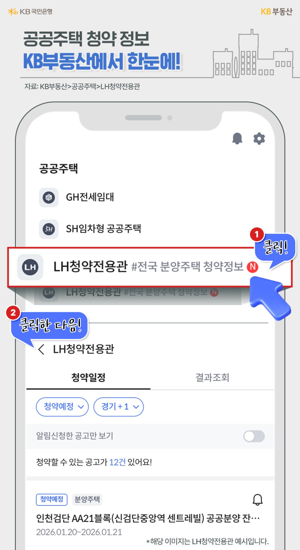 '공공주택' '청약 정보' KB부동산에서 한눈에! 라는 제목과 KB부동산 앱에서 LH청약전용관을 클릭 후 청약 일정을 확인할 수 있는 것을 보여주고 있으며, 예시로 인천검단 AA21블록 공공분양 내용이 위치해 있습니다.