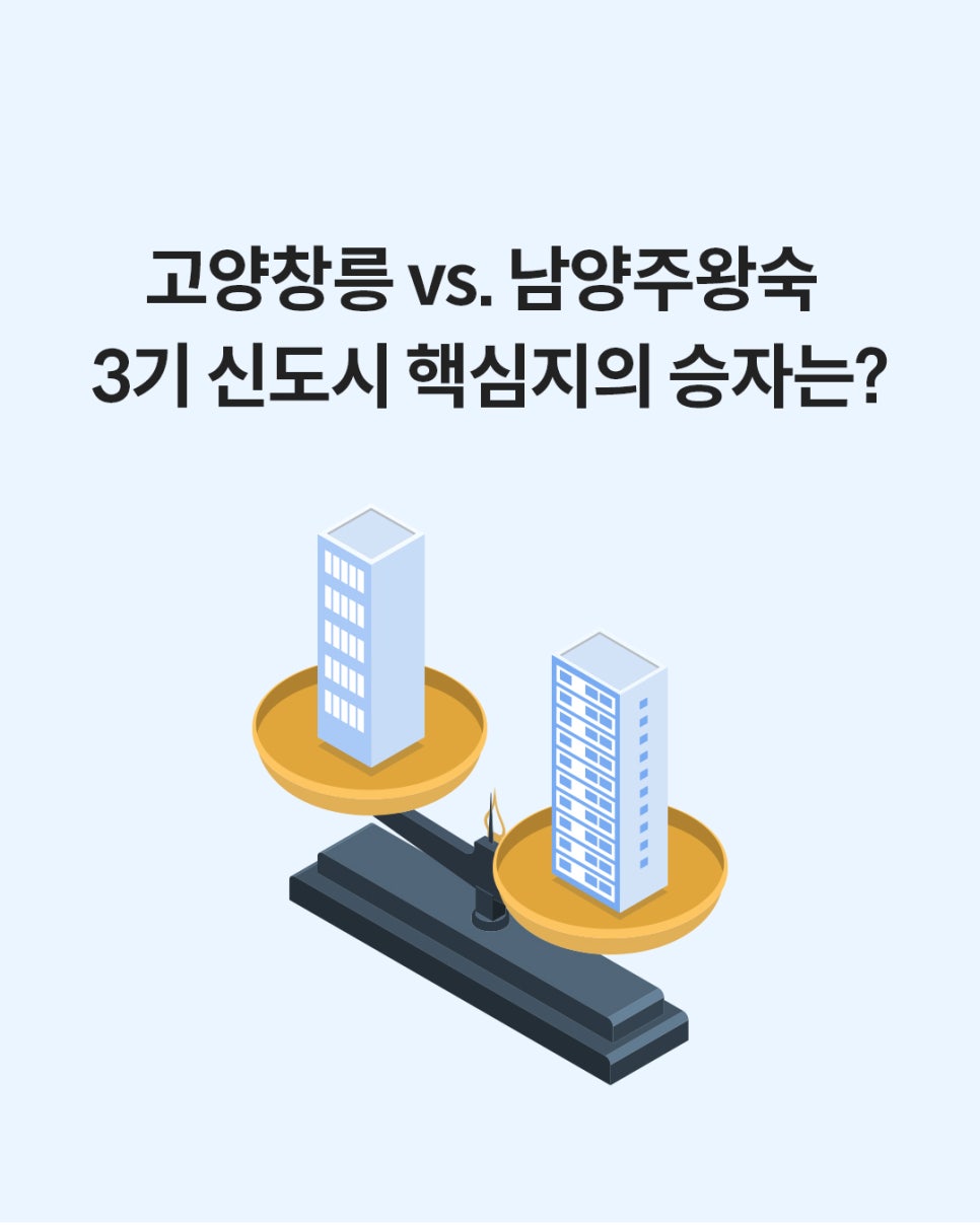 '고양창릉 vs 남양주왕숙, 3기 신도시 핵심지의 승자는?'이라는 문구와 함께 양팔 저울 위에 빌딩이 놓여 있는 일러스트로, 두 지역의 가치를 비교 분석하는 서두 이미지입니다.