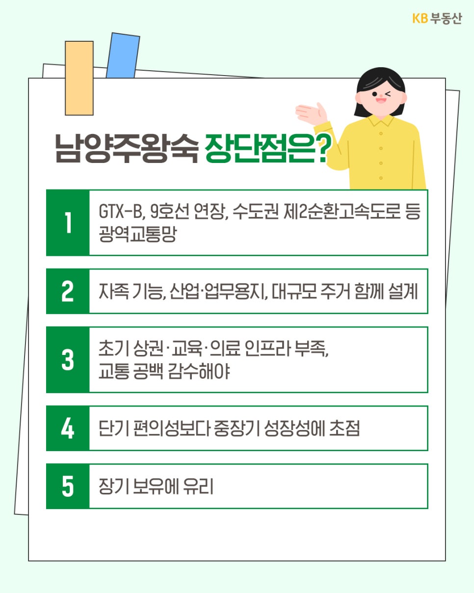 '남양주왕숙의 장단점 요약'입니다. GTX-B와 9호선 연장 등 강력한 광역교통망과 자족 기능이 강점입니다. 다만 초기 상권·교육·의료 인프라 부족과 교통 공백을 감수해야 하므로, 단기 편의성보다는 중장기적인 성장성과 장기 보유 시의 유리함을 강조하는 내용입니다.