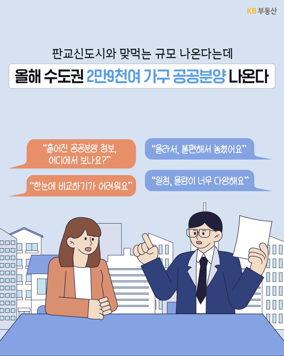 '올해 수도권에 2만 9천여 가구의 공공분양 물량이 쏟아진다는 뉴스 헤드라'인이 보입니다. '하단에는 두 남녀 캐릭터가 대화하며 흩어져 있는 공공분양 정보를 한눈에 비교하기 어렵고 복잡해서 놓치기 쉽다는 고충을 토로'하고 있습니다.