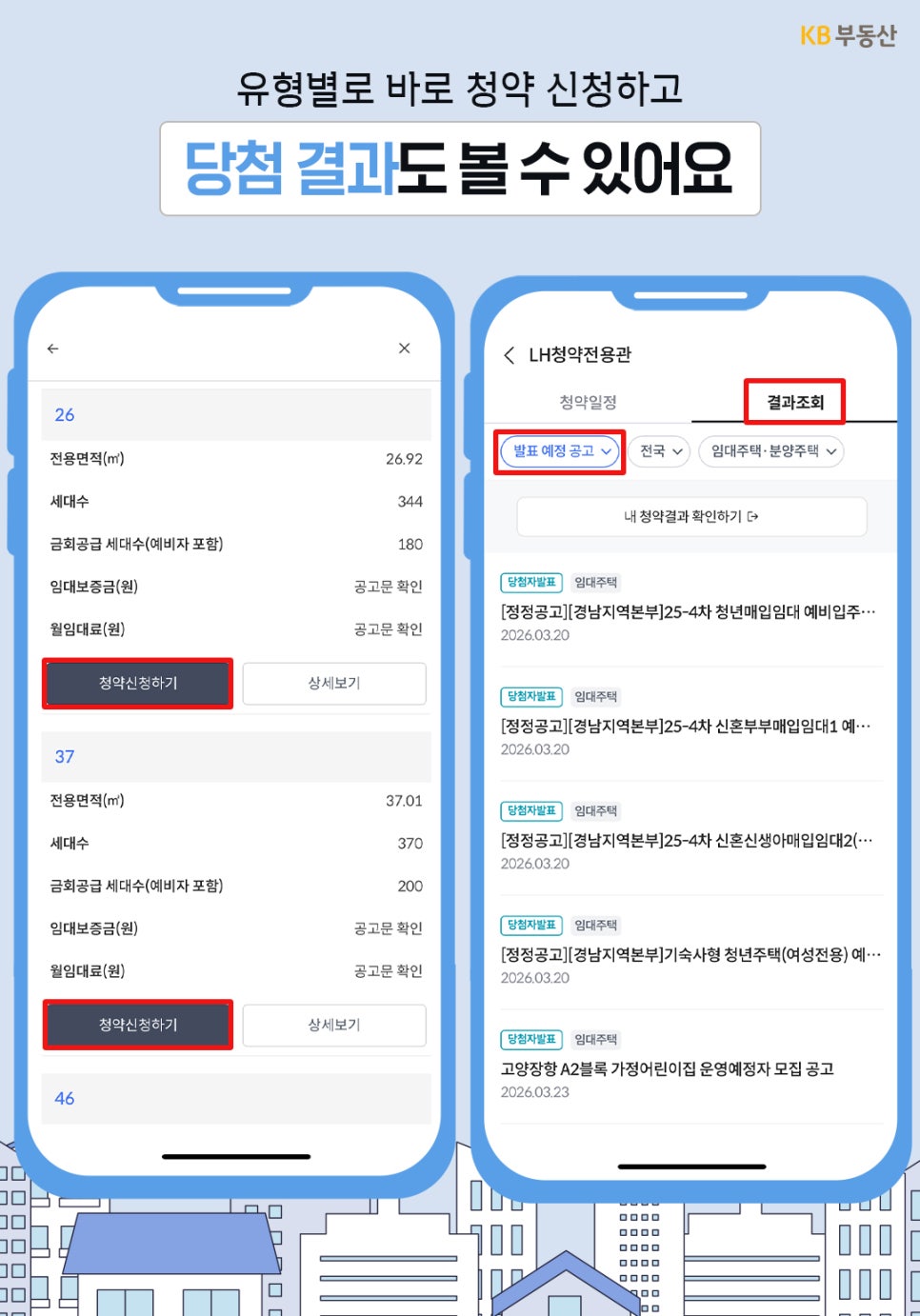 '청약 신청 버튼을 눌러 실제 접수 페이지로 연결되는 화면과 당첨 결과를 조회하는 탭을 보여줍니다.' 전용면적별 세대수와 임대 조건이 상세히 기록된 표 아래에 청약신청하기 버튼이 활성화되어 있으며 결과 조회 탭에서 발표 예정 공고도 확인 가능합니다.