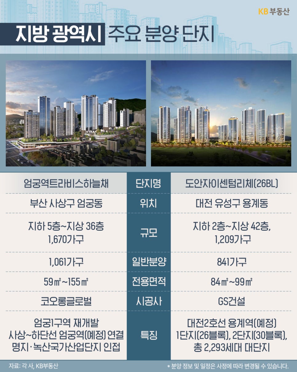 지방 광역시의 핵심 분양지로 부산 사상구의 '엄궁역트라비스하늘채'와 대전 유성구의 '도안자이센텀리체(26BL)'를 보여준다. 엄궁1구역 재개발 정보와 대전 2호선 예정역 인접성 등 지역별 주요 개발 호재가 포함되어 있다.